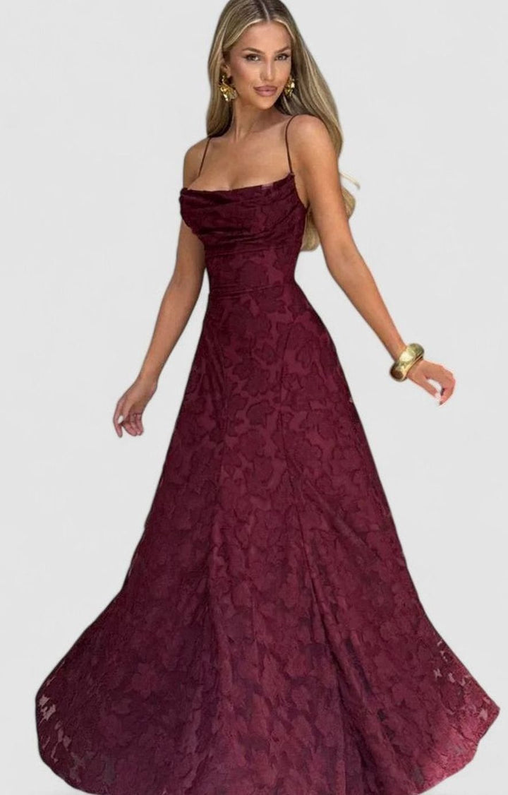 Women's Floral Appliqué Cowl-Neck Open-Back Formal Maxi Dress