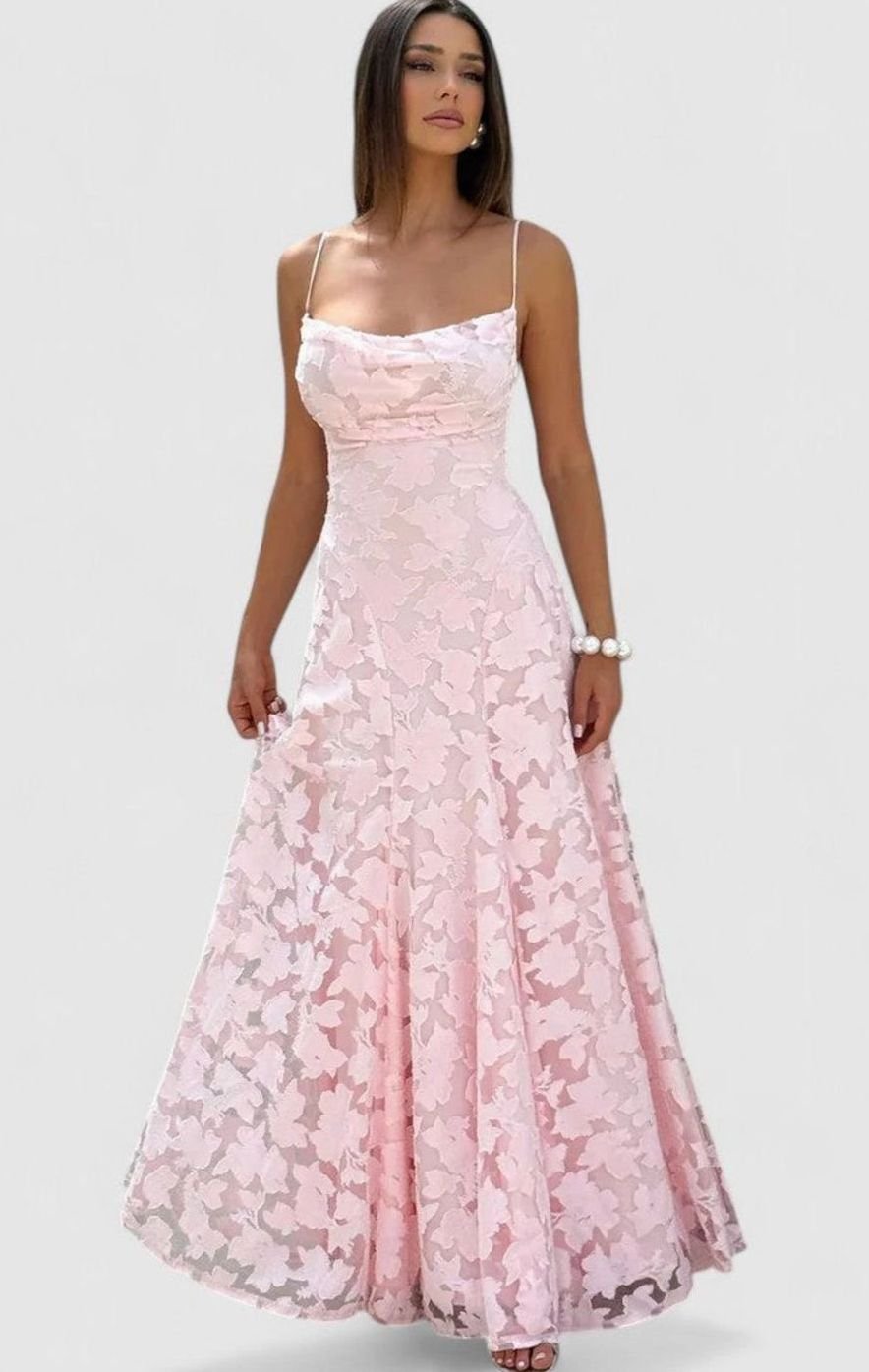 Women's Floral Appliqué Cowl-Neck Open-Back Formal Maxi Dress