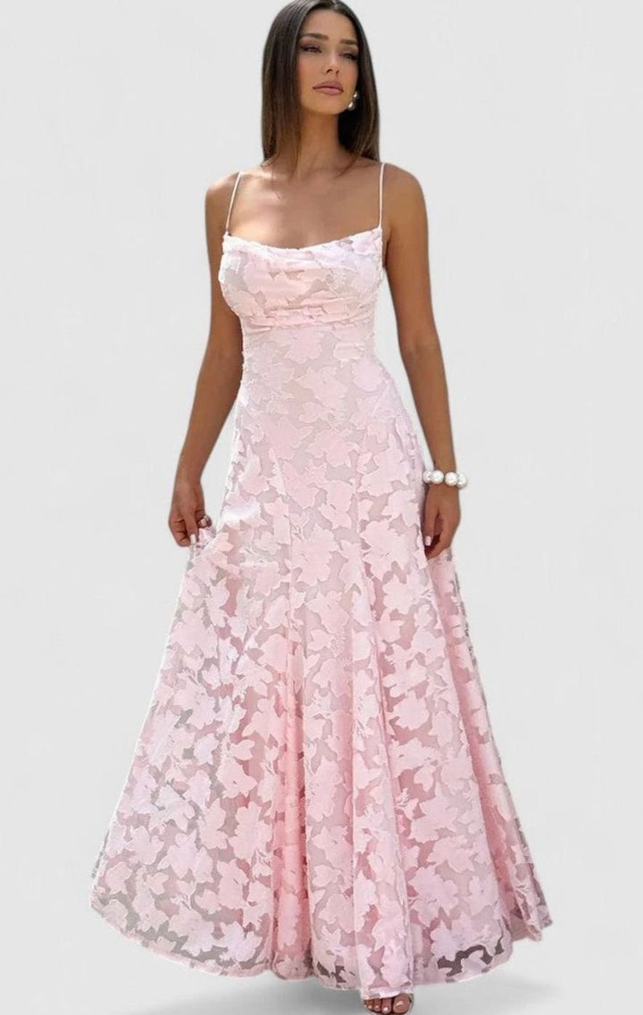 Women's Floral Appliqué Cowl-Neck Open-Back Formal Maxi Dress