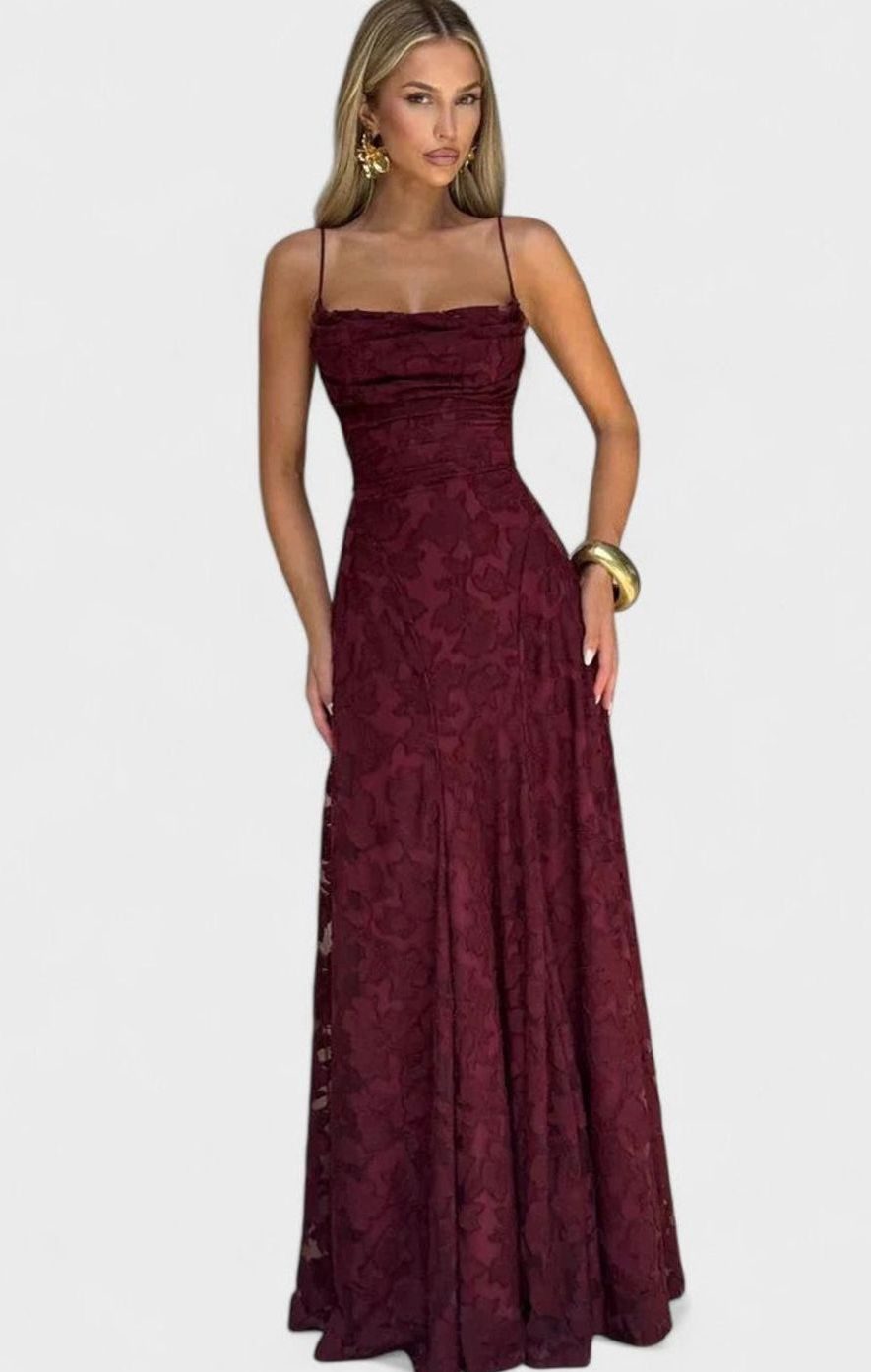 Women's Floral Appliqué Cowl-Neck Open-Back Formal Maxi Dress