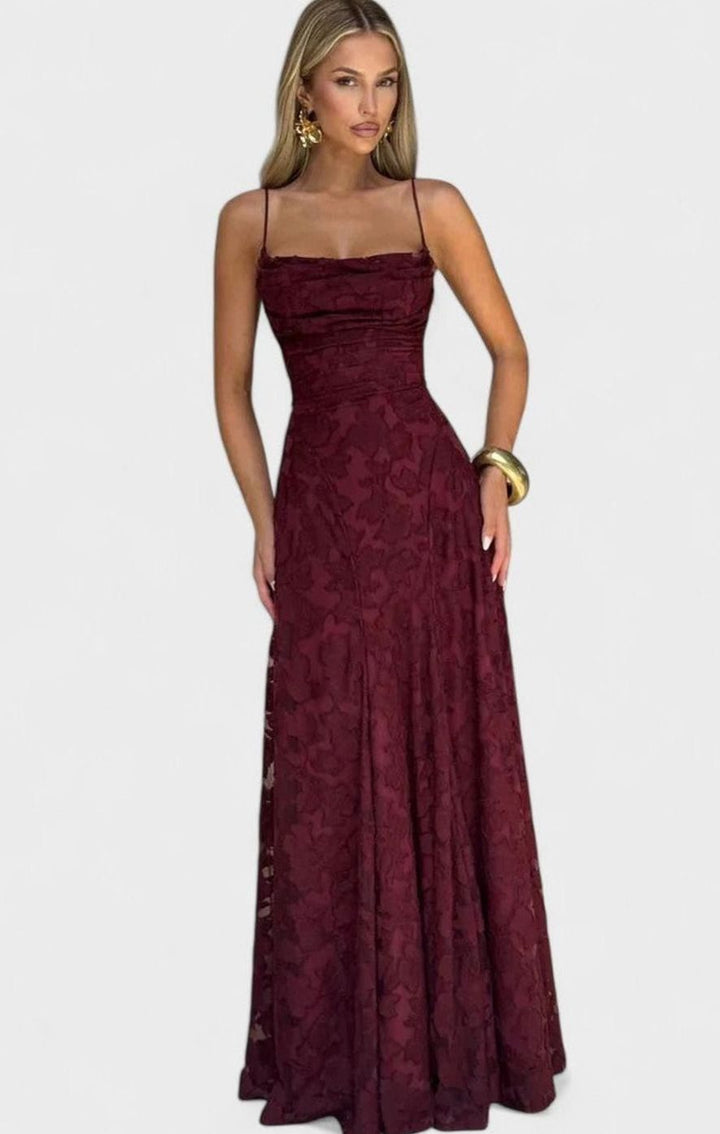 Women's Floral Appliqué Cowl-Neck Open-Back Formal Maxi Dress