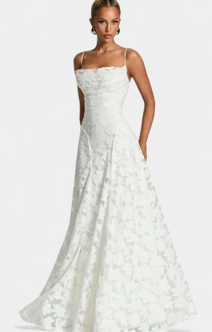 Women's Floral Appliqué Cowl-Neck Open-Back Formal Maxi Dress - Ivory