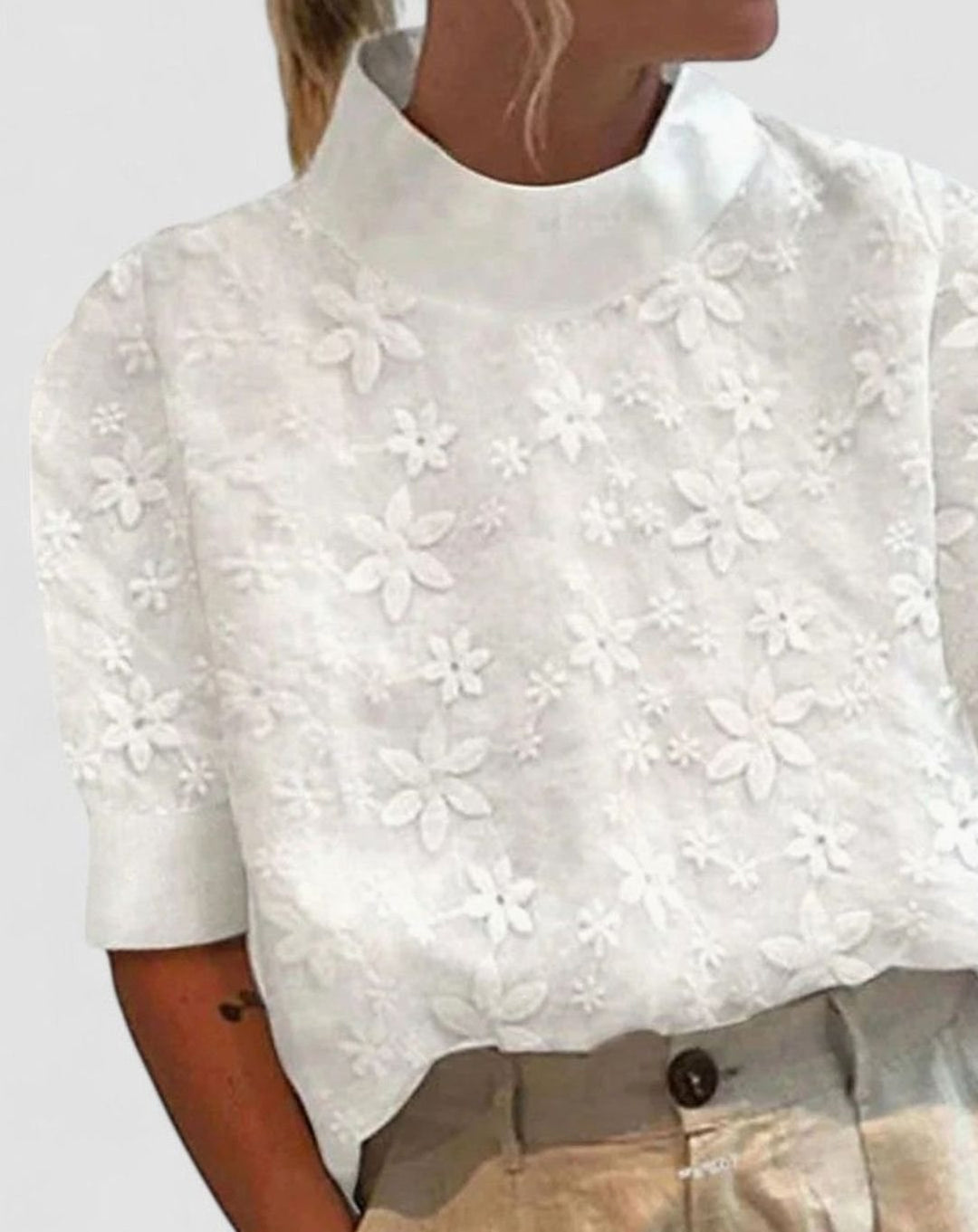 Women's Floral Embroidered Mock-Neck Short-Sleeve Collar Blouse