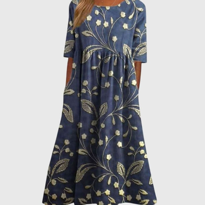Women's Floral Embroidery Relaxed-Fit Midi Dress Pockets - Navy Blue