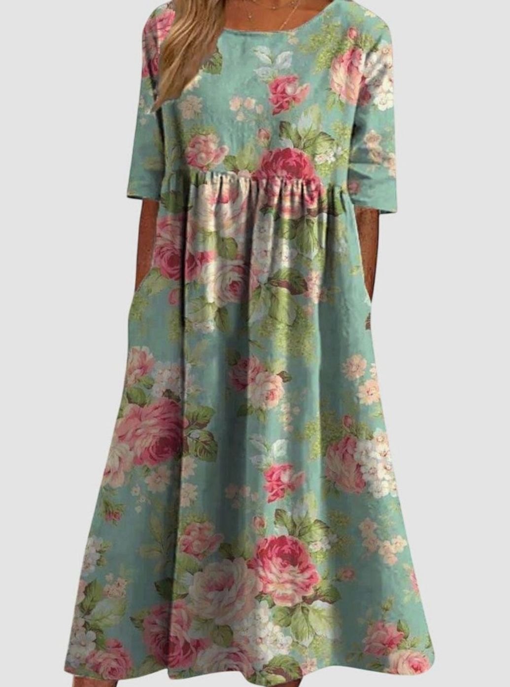 Women's Floral Embroidery Relaxed-Fit Midi Dress Pockets - Mint Green