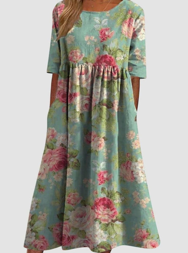 Women's Floral Embroidery Relaxed-Fit Midi Dress Pockets - Mint Green