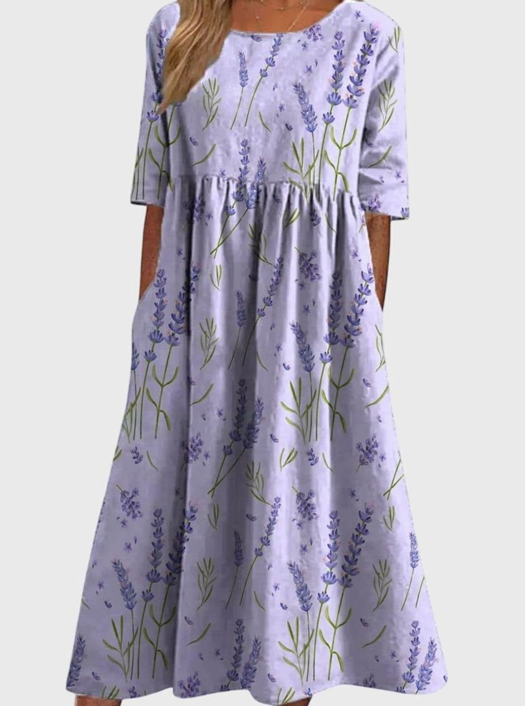 Women's Floral Embroidery Relaxed-Fit Midi Dress Pockets - Lavender