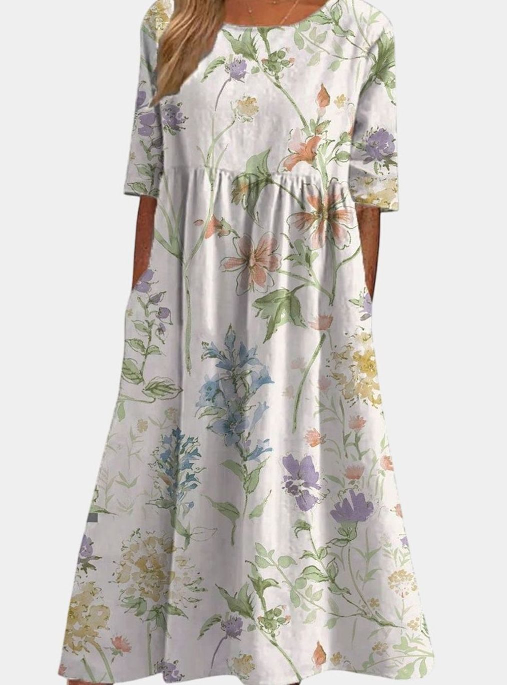 Women's Floral Embroidery Relaxed-Fit Midi Dress Pockets - White