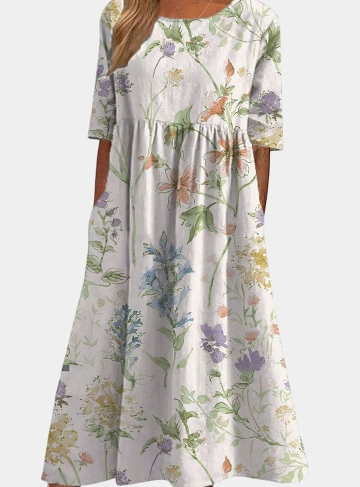 Women's Floral Embroidery Relaxed-Fit Midi Dress Pockets - White