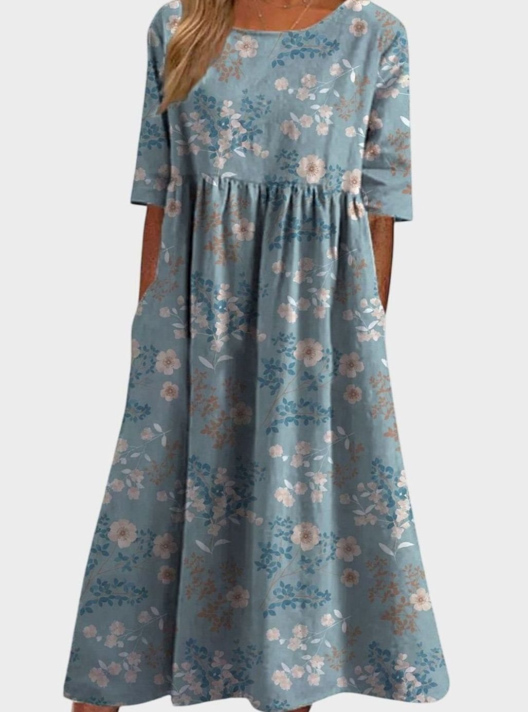 Women's Floral Embroidery Relaxed-Fit Midi Dress Pockets - Light Blue