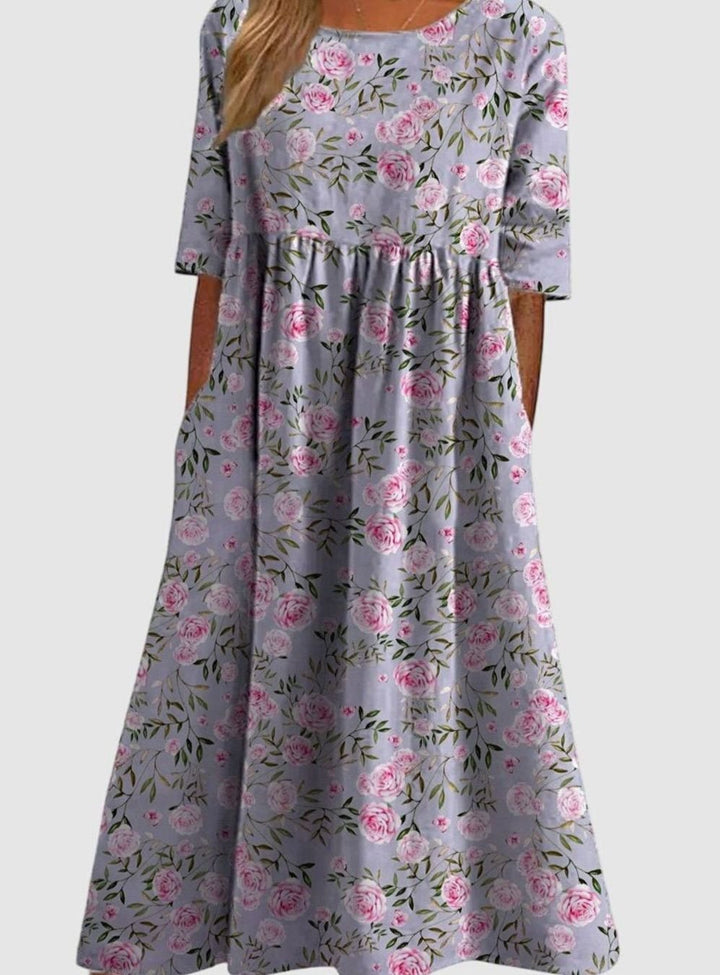 Women's Floral Embroidery Relaxed-Fit Midi Dress Pockets - Dusty Lilac