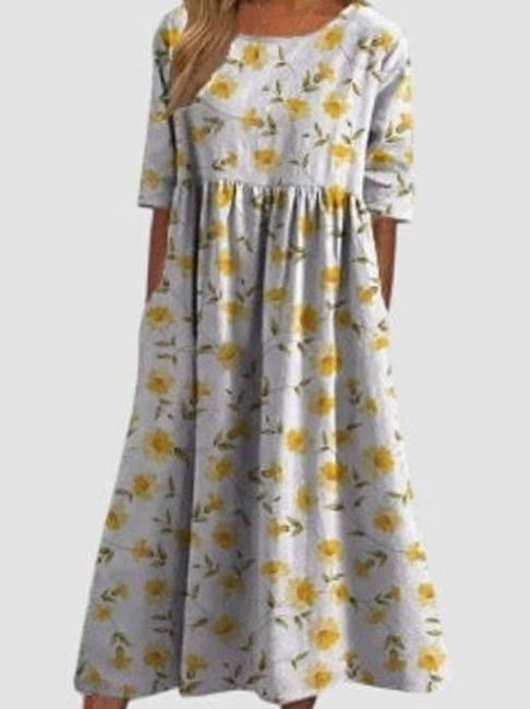 Women's Floral Embroidery Relaxed-Fit Midi Dress Pockets - Light Yellow