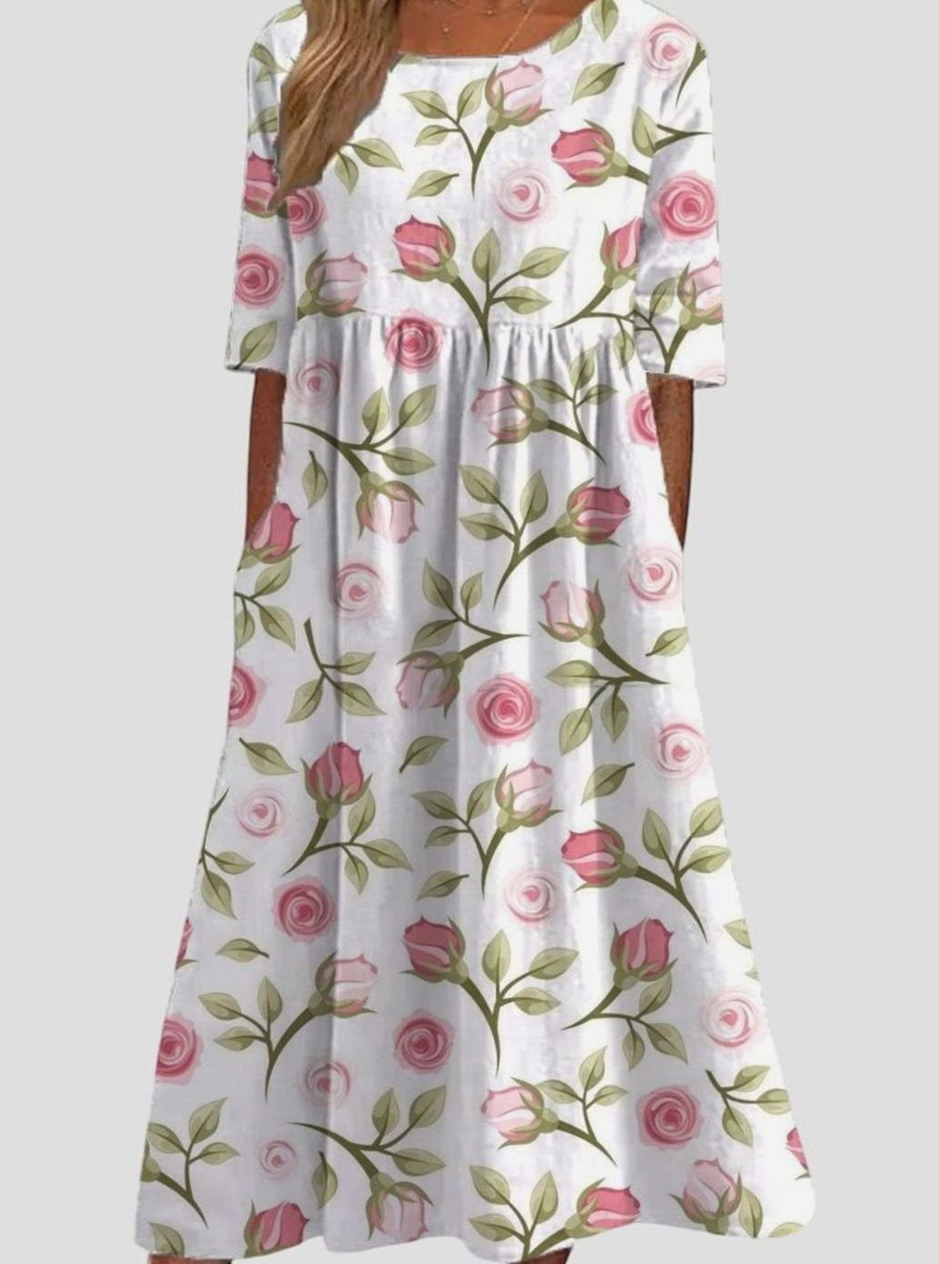 Women's Floral Embroidery Relaxed-Fit Midi Dress Pockets - White Pink
