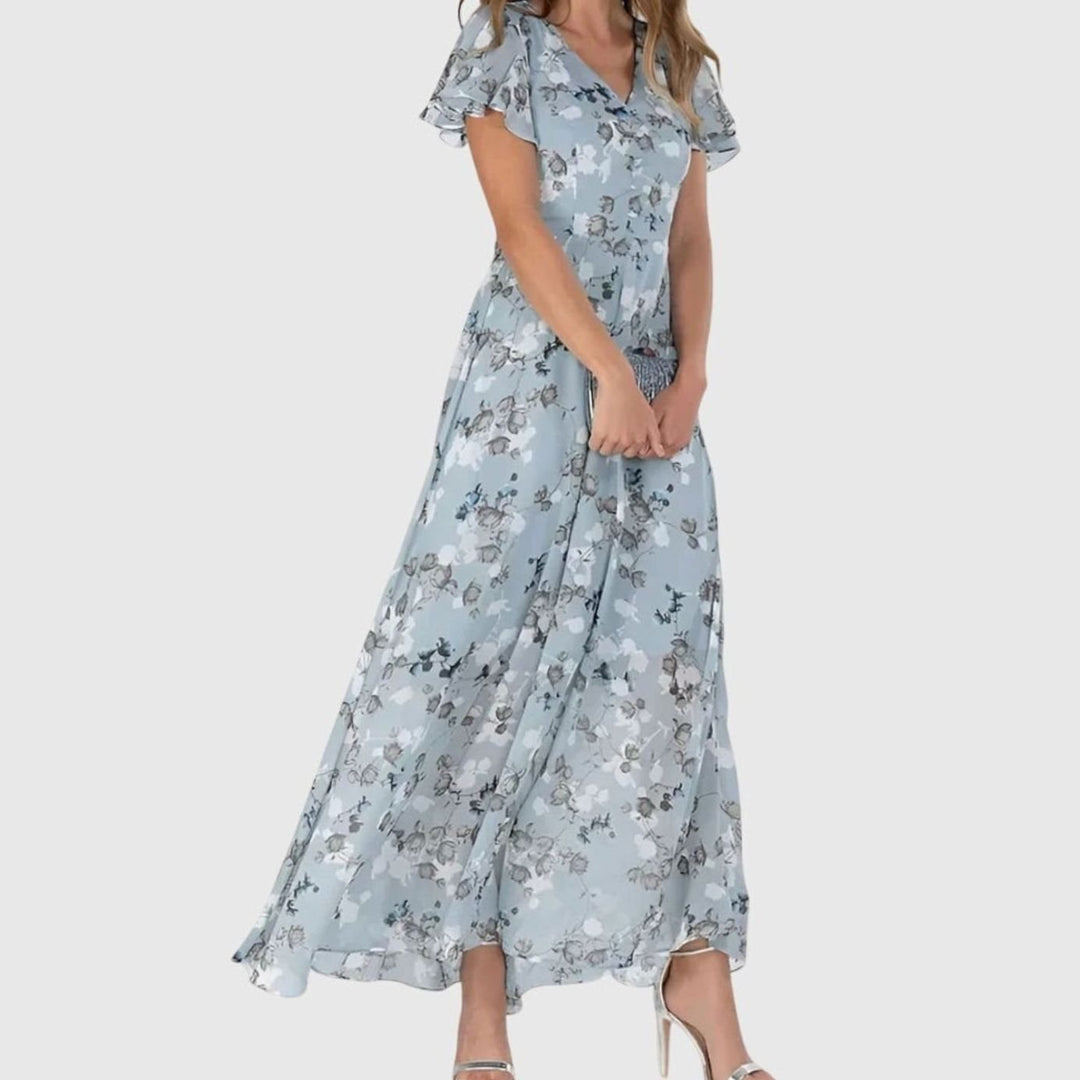 Women's Floral Flutter-Sleeve V-Neck Tailored Maxi Dress - Blue