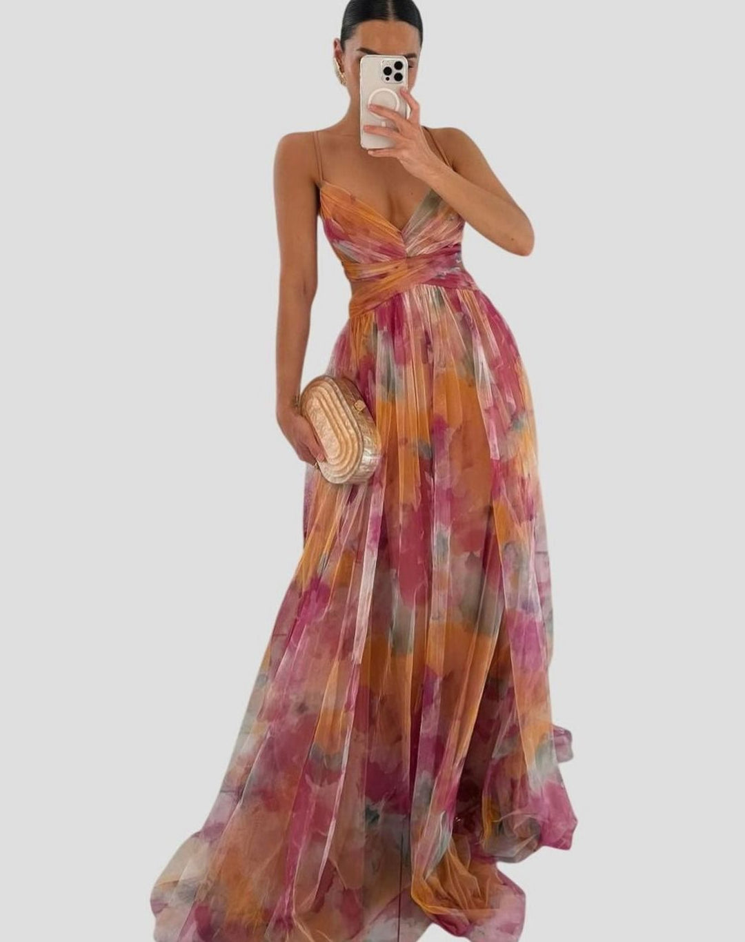 Women's Floral High-Waisted Crisscross Strap Maxi Dress - Orange