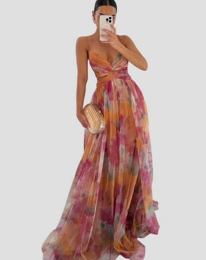 Women's Floral High-Waisted Crisscross Strap Maxi Dress - Orange