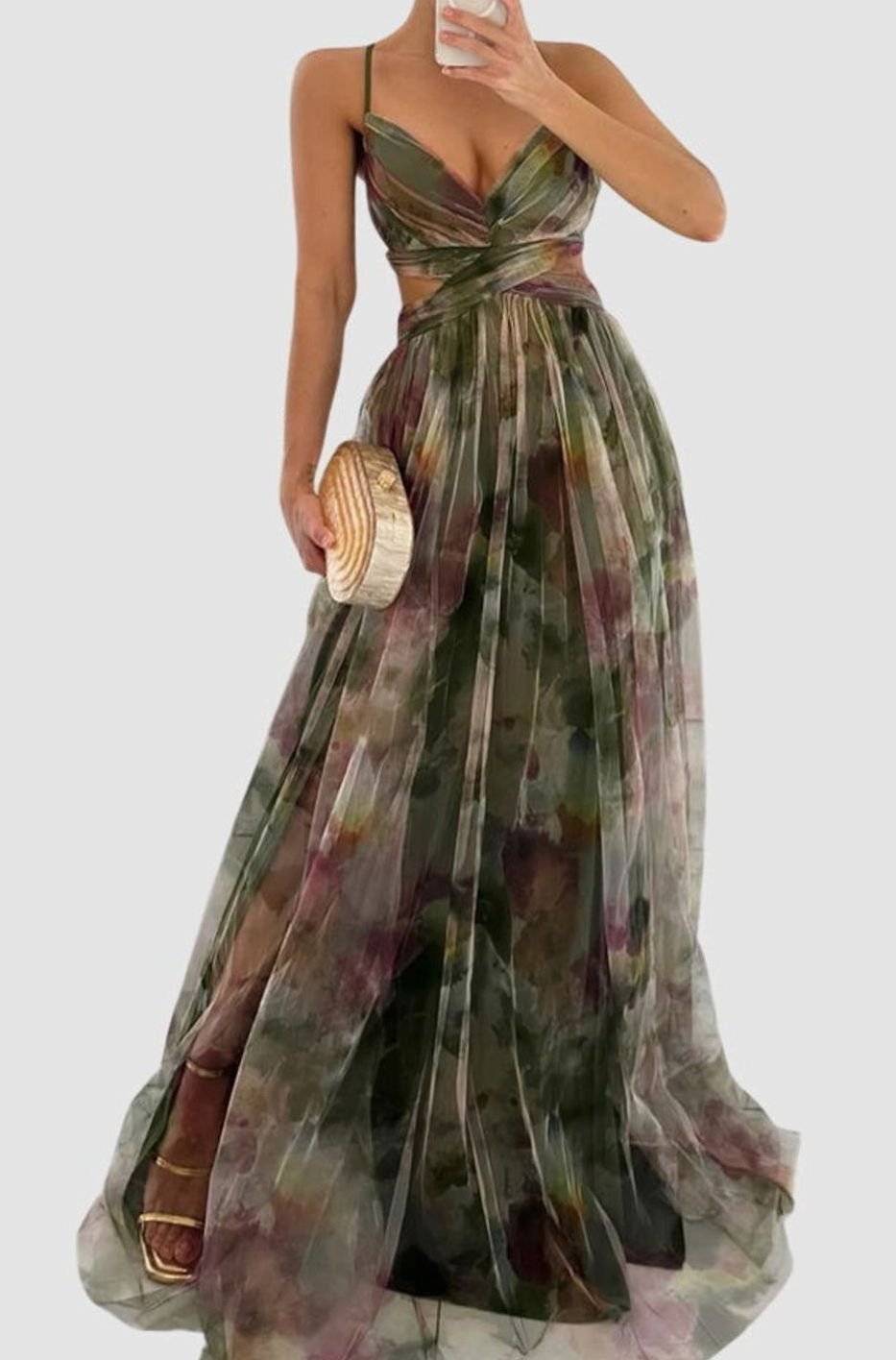 Women's Floral High-Waisted Crisscross Strap Maxi Dress - Green