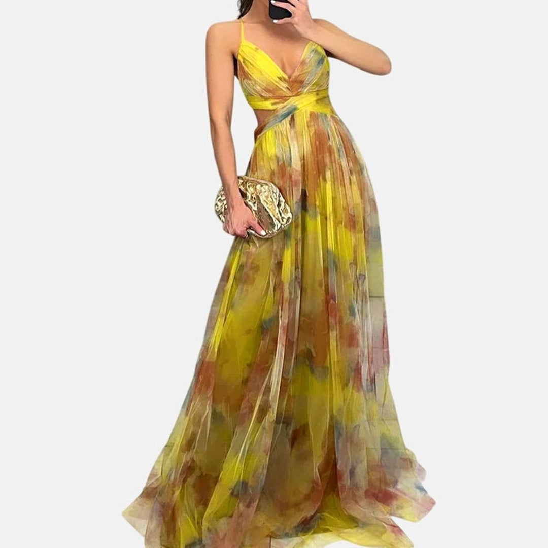 Women's Floral High-Waisted Crisscross Strap Maxi Dress - Yellow
