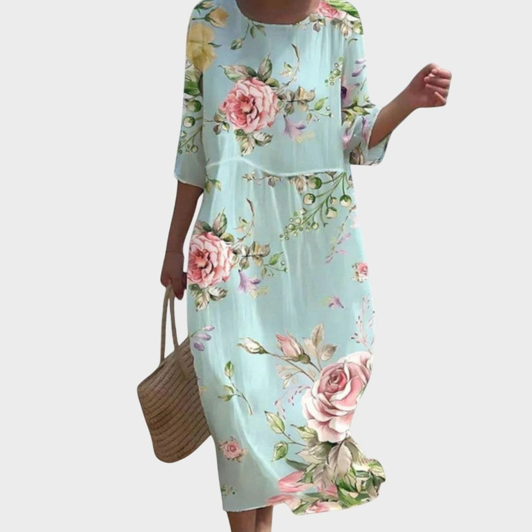Women's Floral Print Three-Quarter Sleeve Midi Maxi Dress - Blue