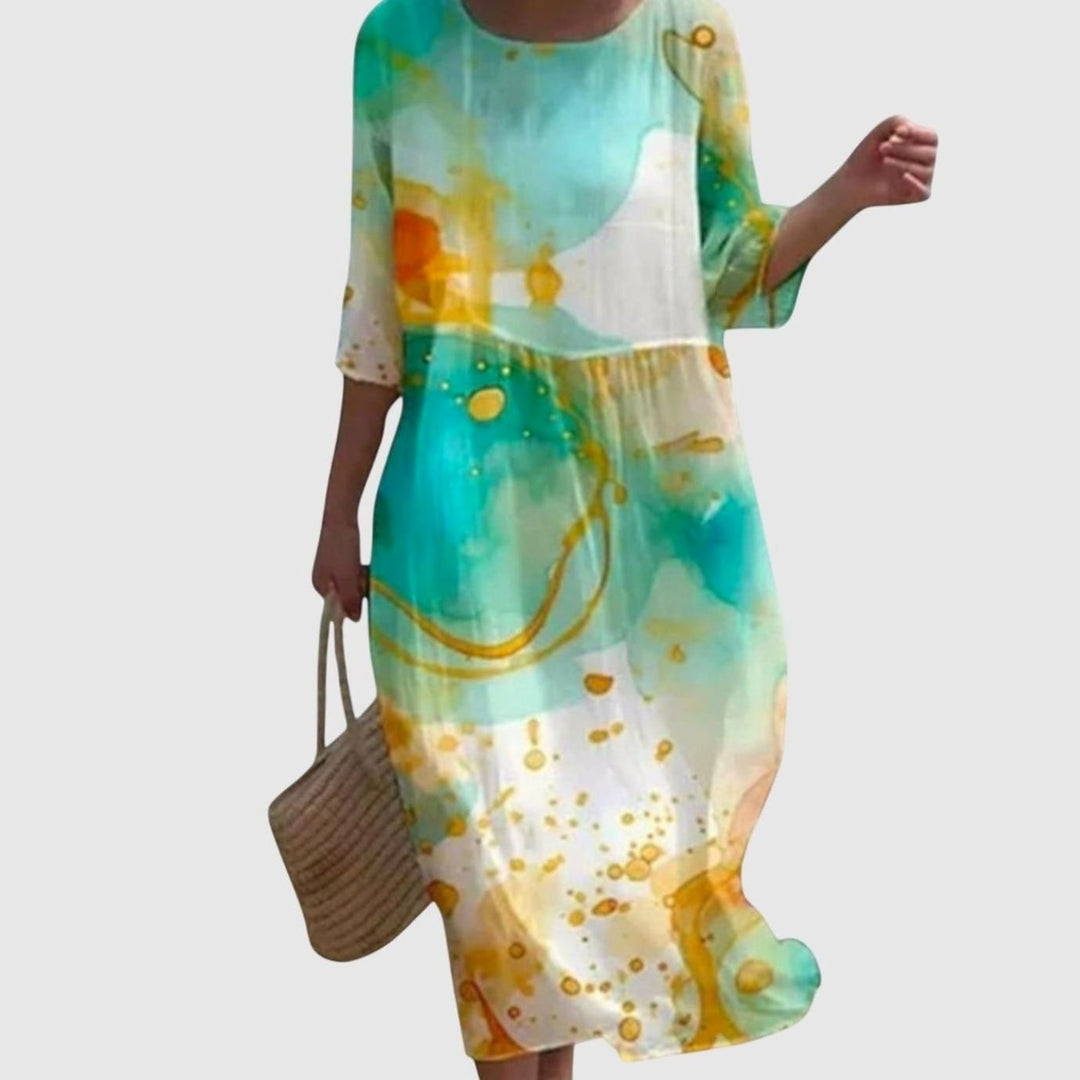Women's Floral Print Three-Quarter Sleeve Midi Maxi Dress - Green