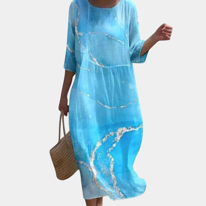 Women's Floral Print Three-Quarter Sleeve Midi Maxi Dress - Sky Blue