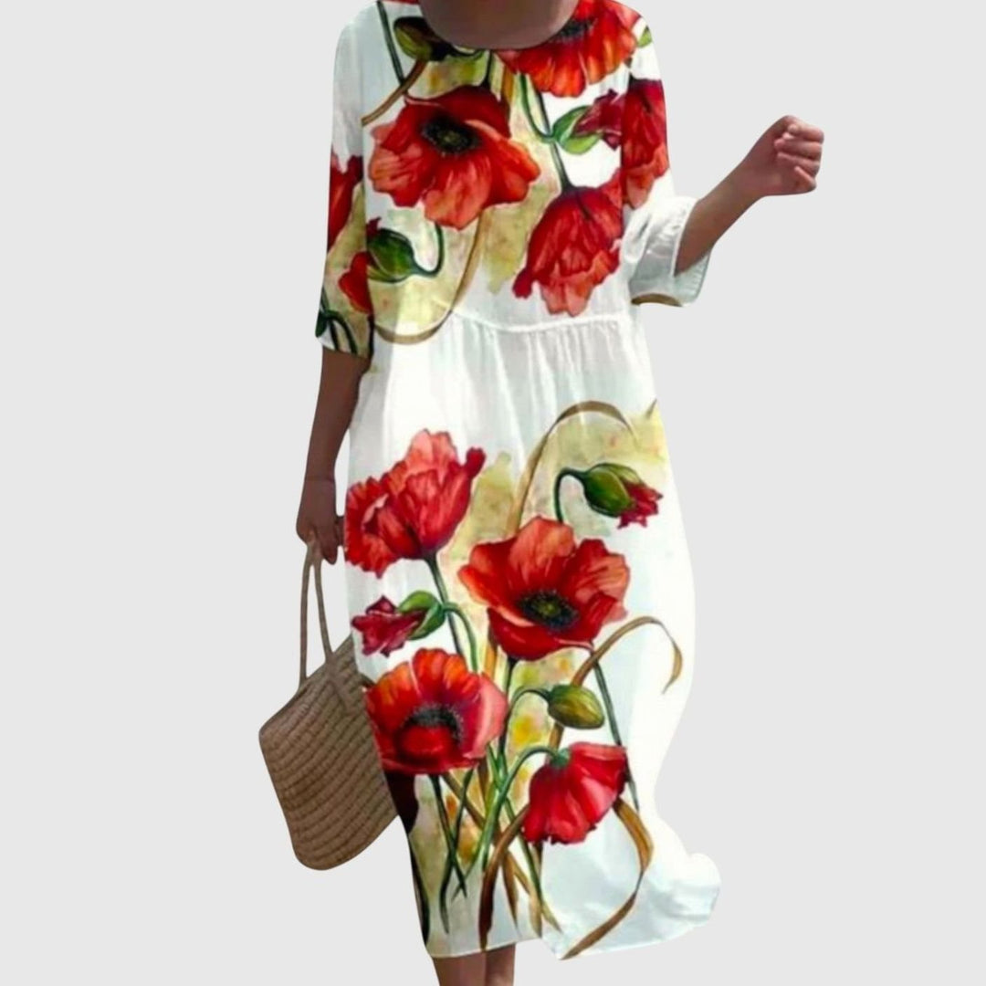 Women's Floral Print Three-Quarter Sleeve Midi Maxi Dress - Red