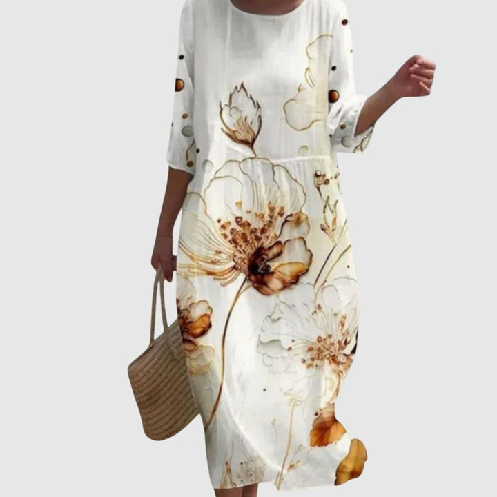 Women's Floral Print Three-Quarter Sleeve Midi Maxi Dress - White