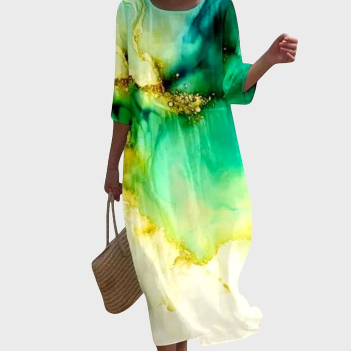 Women's Floral Print Three-Quarter Sleeve Midi Maxi Dress - Dark Green