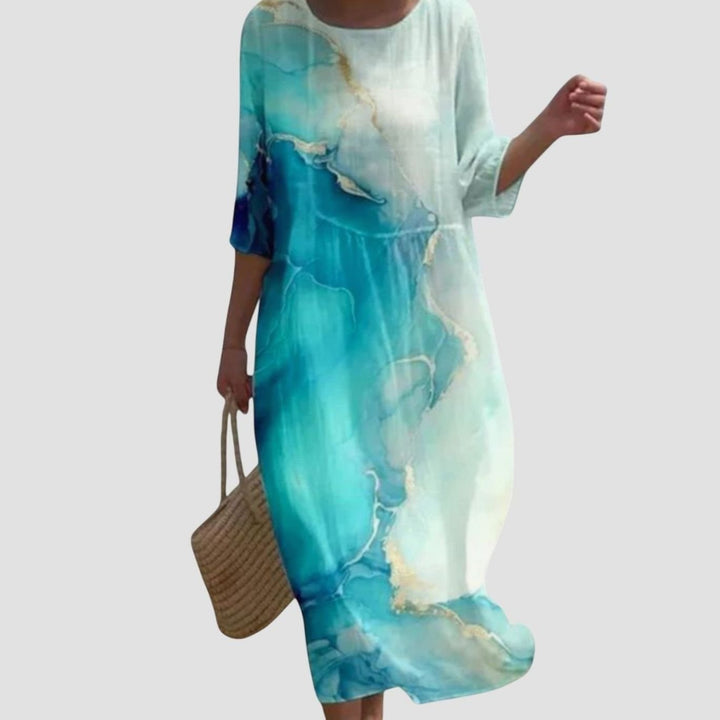 Women's Floral Print Three-Quarter Sleeve Midi Maxi Dress - Blue and White