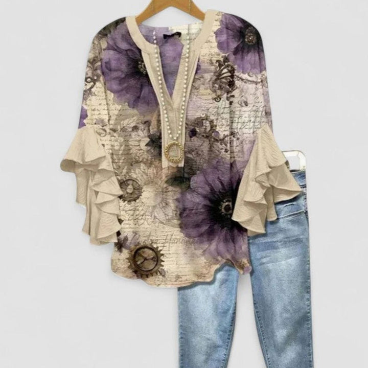 Women's Floral Ruffle-Sleeve V-Neck Comfortable Blouse - Beige