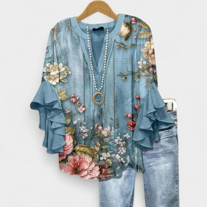 Women's Floral Ruffle-Sleeve V-Neck Comfortable Blouse - Floral Blue