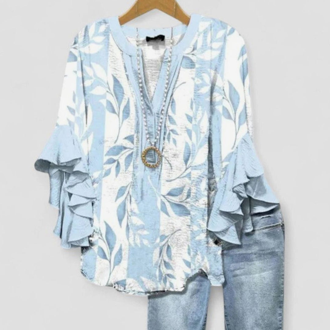 Women's Floral Ruffle-Sleeve V-Neck Comfortable Blouse - Light Blue