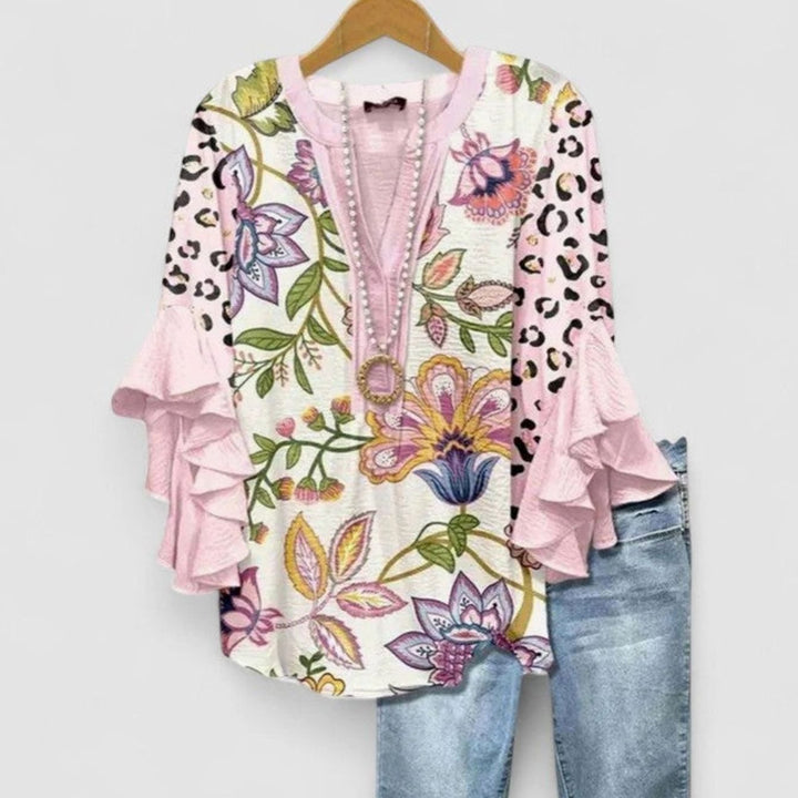 Women's Floral Ruffle-Sleeve V-Neck Comfortable Blouse - Pink