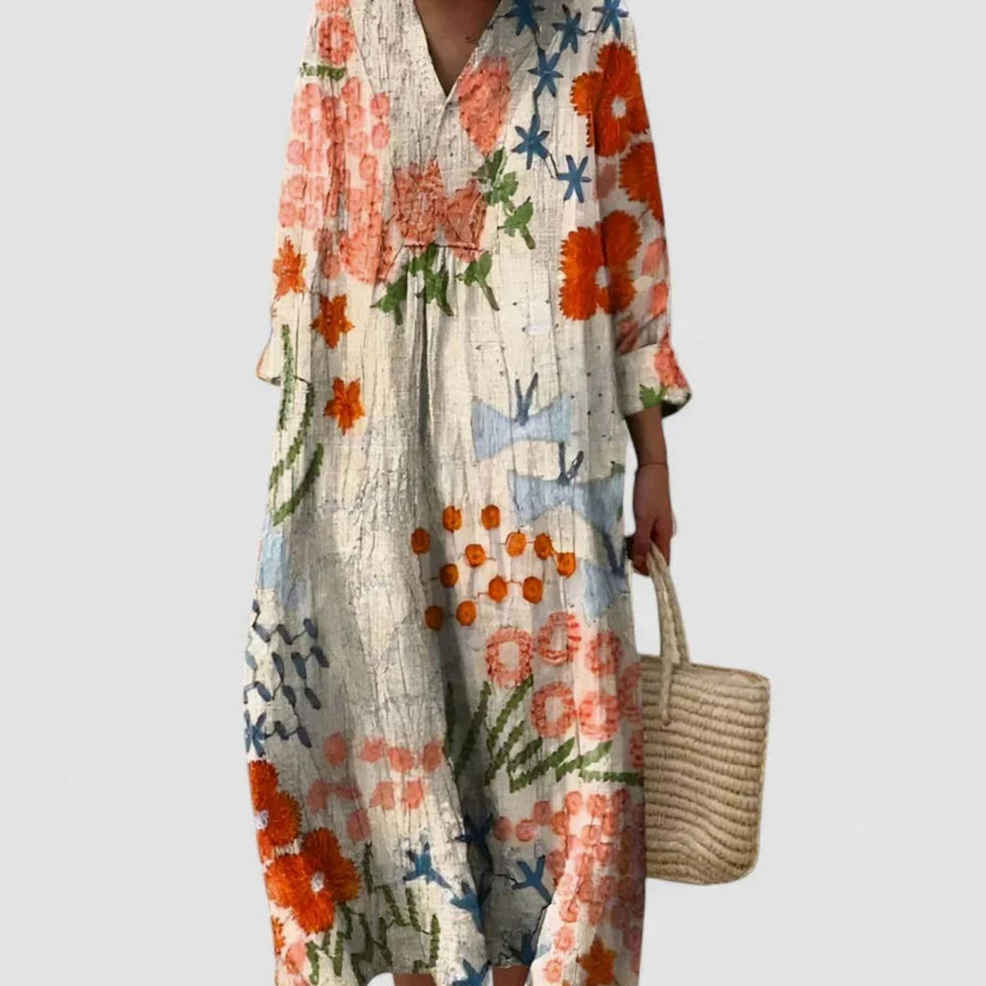 Women's Floral V-Neck Relaxed-Fit Comfortable Dress - Beige Floral