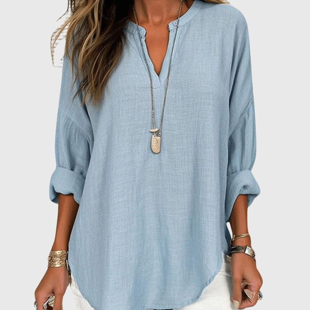 Women's Flowy V-Neck Long-Sleeve Relaxed-Fit Beach Shirt - Light Blue