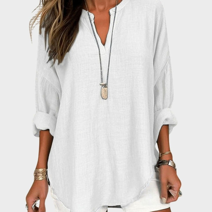 Women's Flowy V-Neck Long-Sleeve Relaxed-Fit Beach Shirt - White
