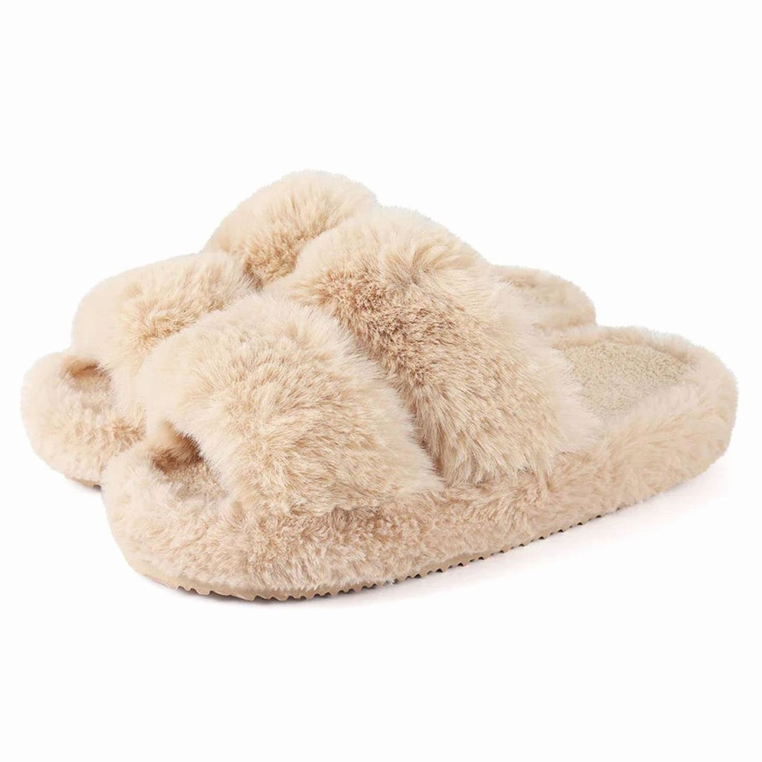Women's Fluffy Faux Fur Slide Slippers Open-Toe Indoor - Beige