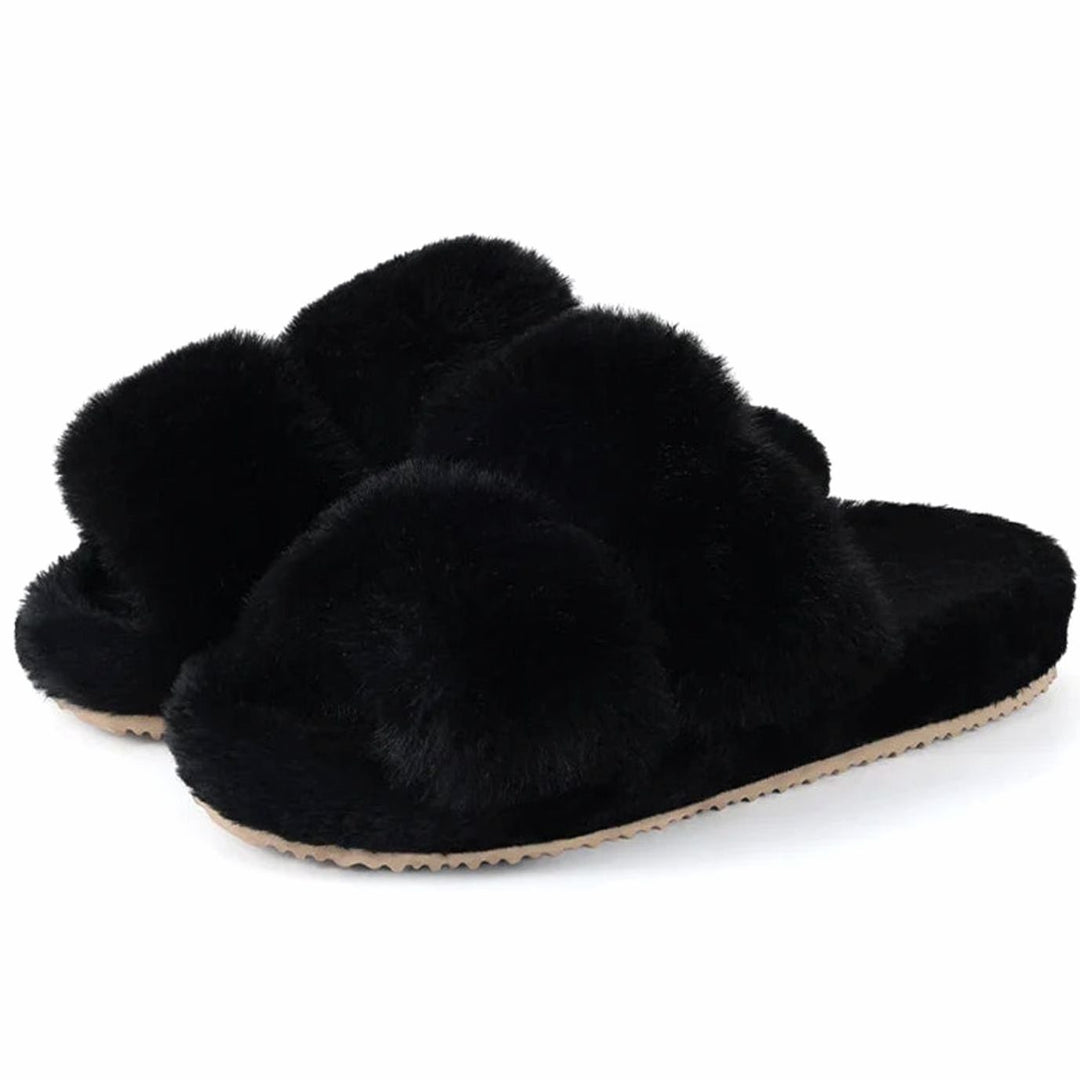 Women's Fluffy Faux Fur Slide Slippers Open-Toe Indoor - Black