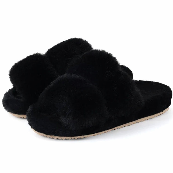 Women's Fluffy Faux Fur Slide Slippers Open-Toe Indoor - Black