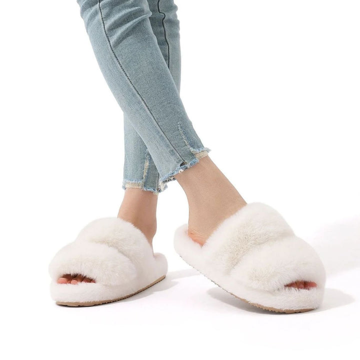 Women's Fluffy Faux Fur Slide Slippers Open-Toe Indoor