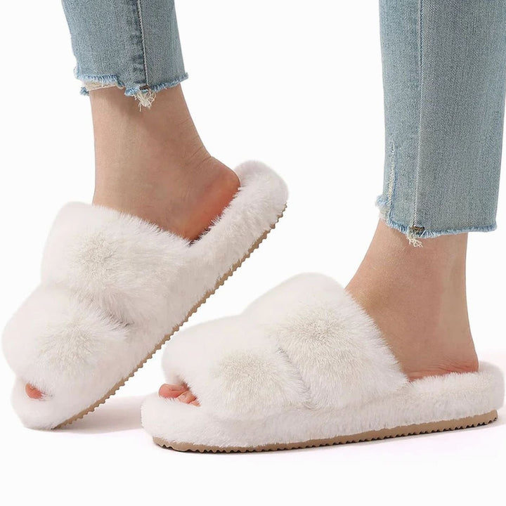 Women's Fluffy Faux Fur Slide Slippers Open-Toe Indoor