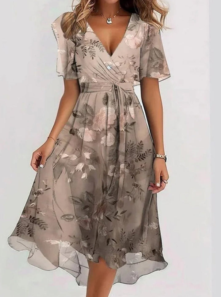 Women's Flutter-Sleeve V-Neck Floral Boho Dress - Brown