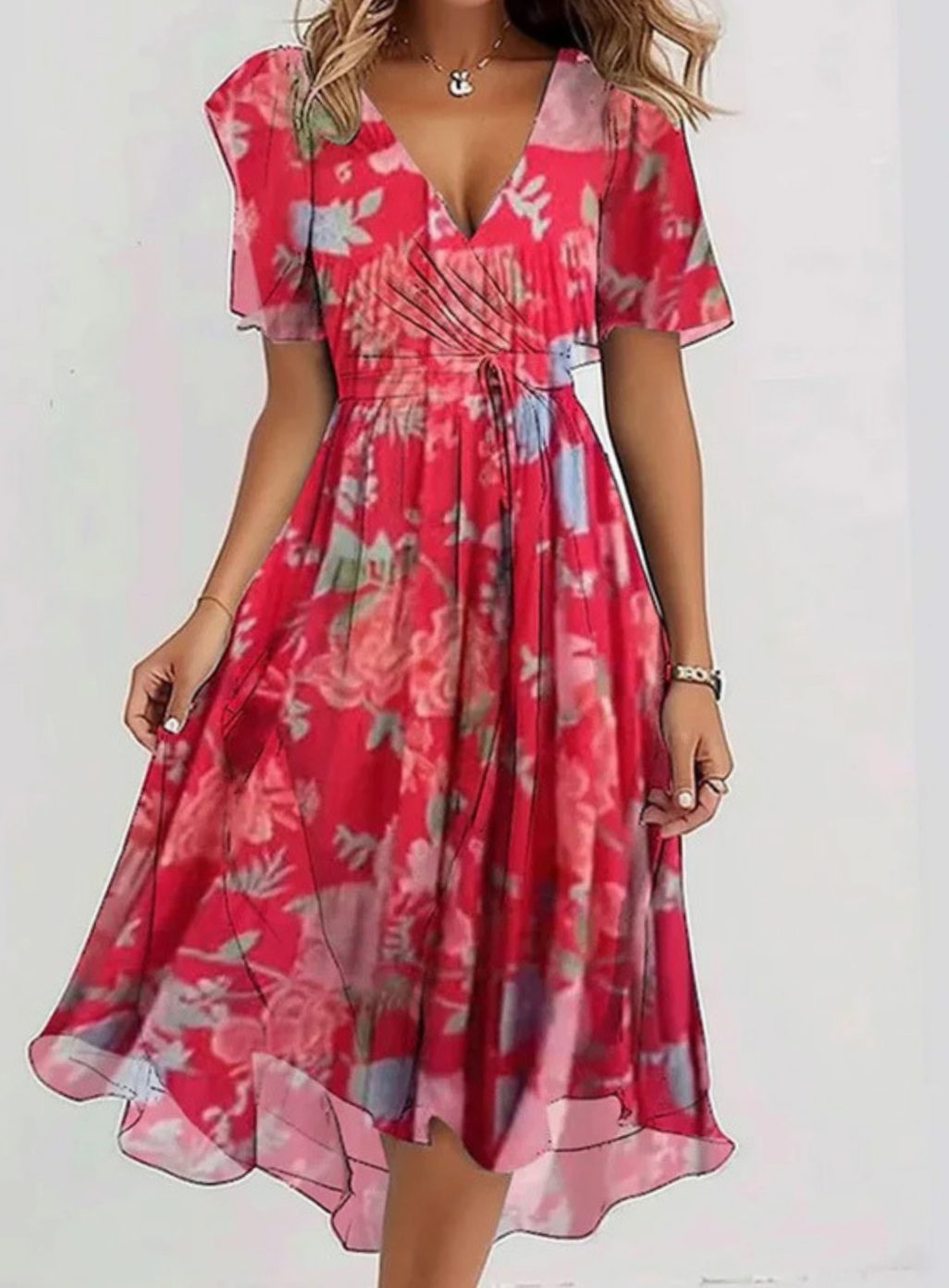 Women's Flutter-Sleeve V-Neck Floral Boho Dress - Red