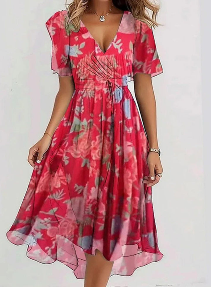 Women's Flutter-Sleeve V-Neck Floral Boho Dress - Red