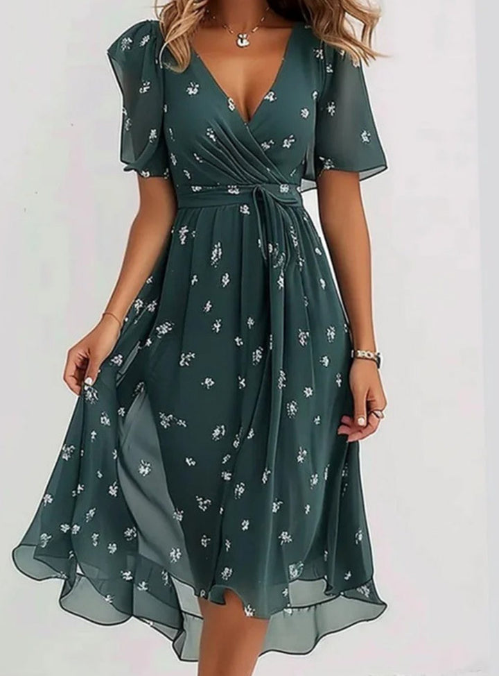 Women's Flutter-Sleeve V-Neck Floral Boho Dress - Green