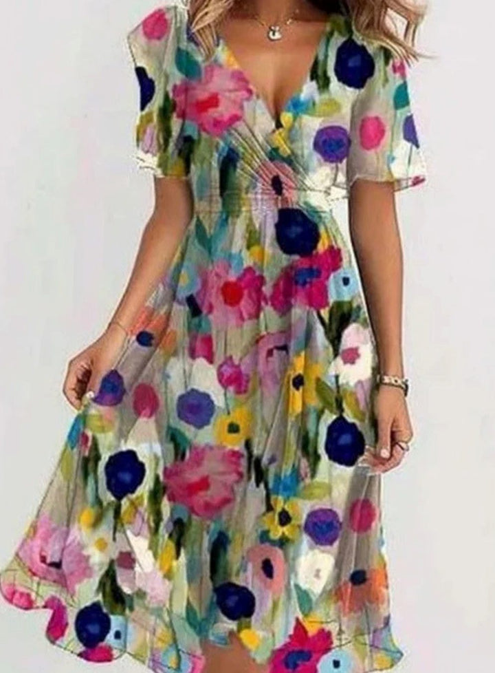 Women's Flutter-Sleeve V-Neck Floral Boho Dress - Multi Color