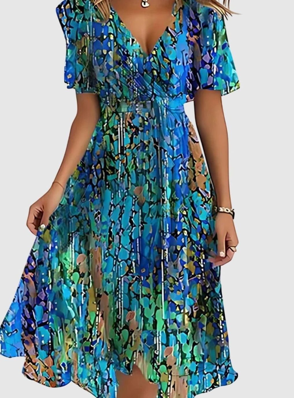 Women's Flutter-Sleeve V-Neck Floral Boho Dress - Blue