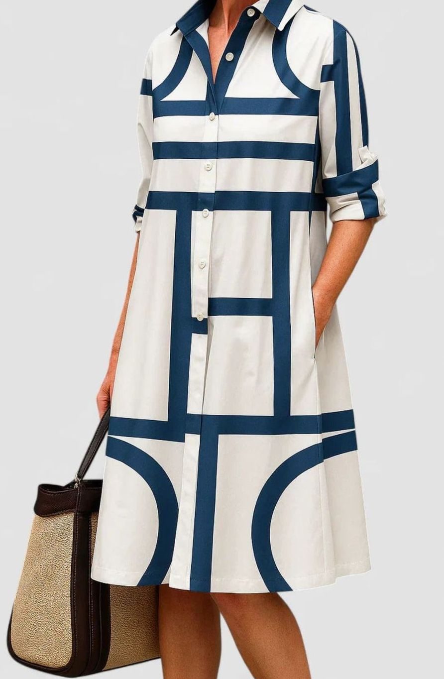 Women's Geometric-Print Button-Down Midi Dress Shirt Dress - White
