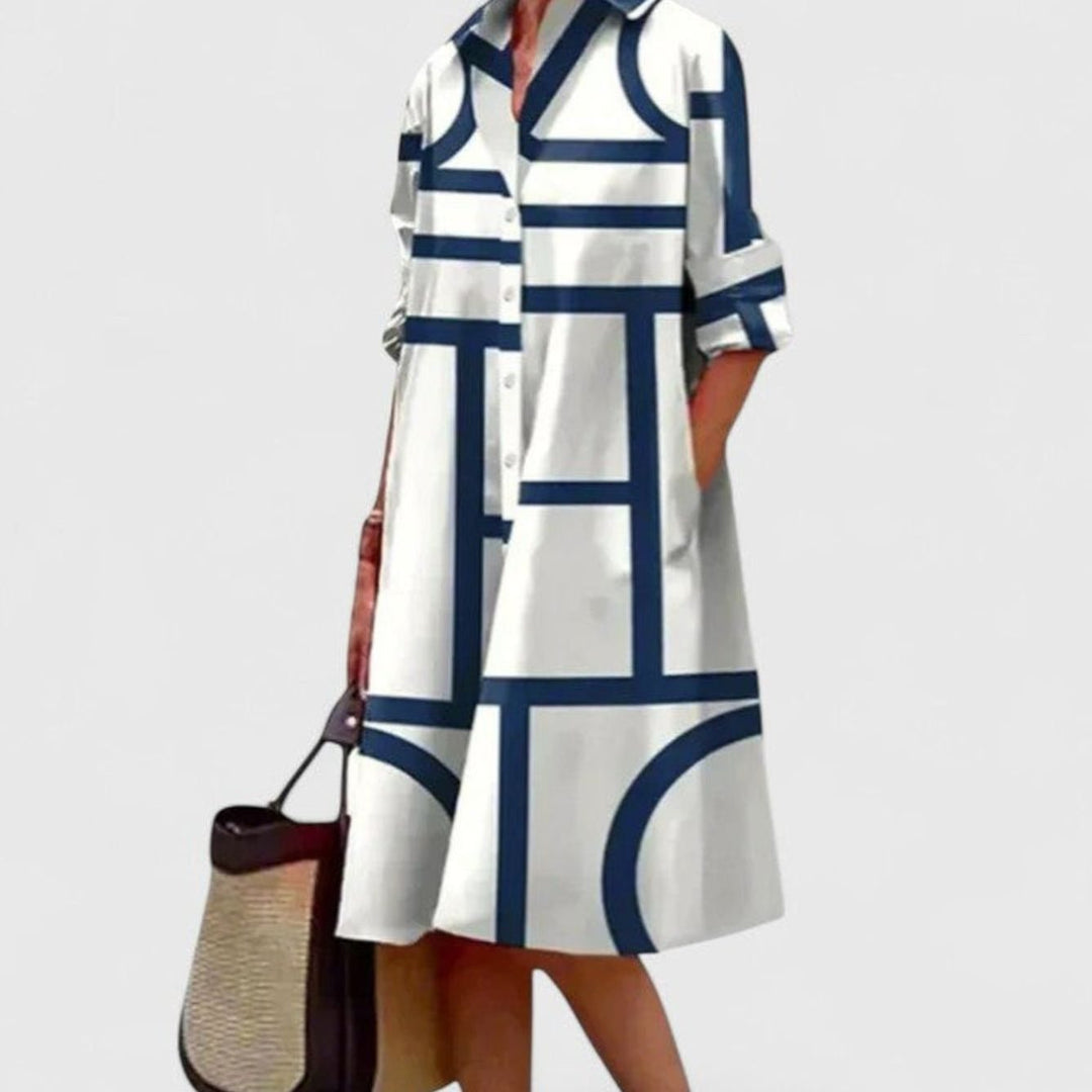 Women's Geometric Print Button-Down Midi Shirt Dress - White - Blue