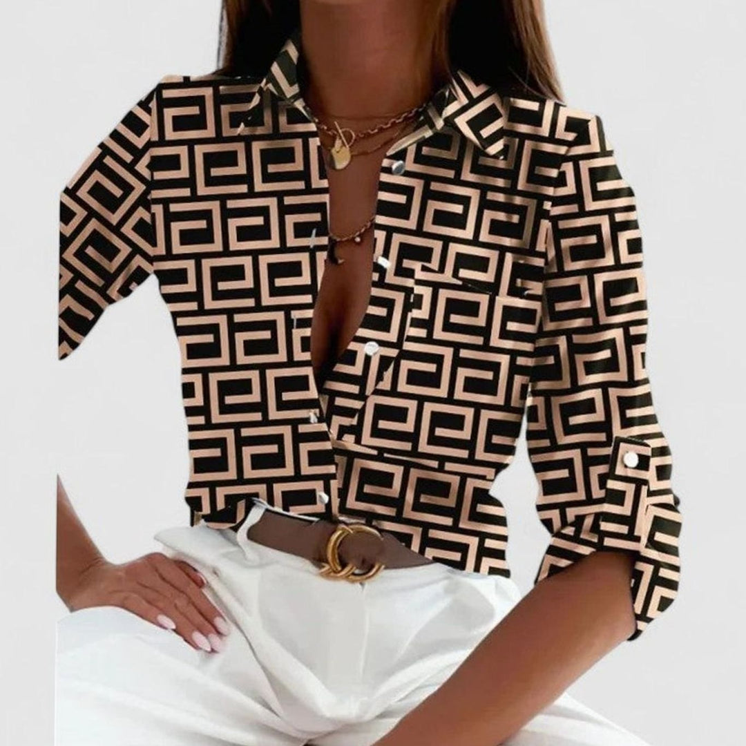 Women's Geometric Print Long Sleeve Blouse Lapel Button-Down Shirt - Khaki